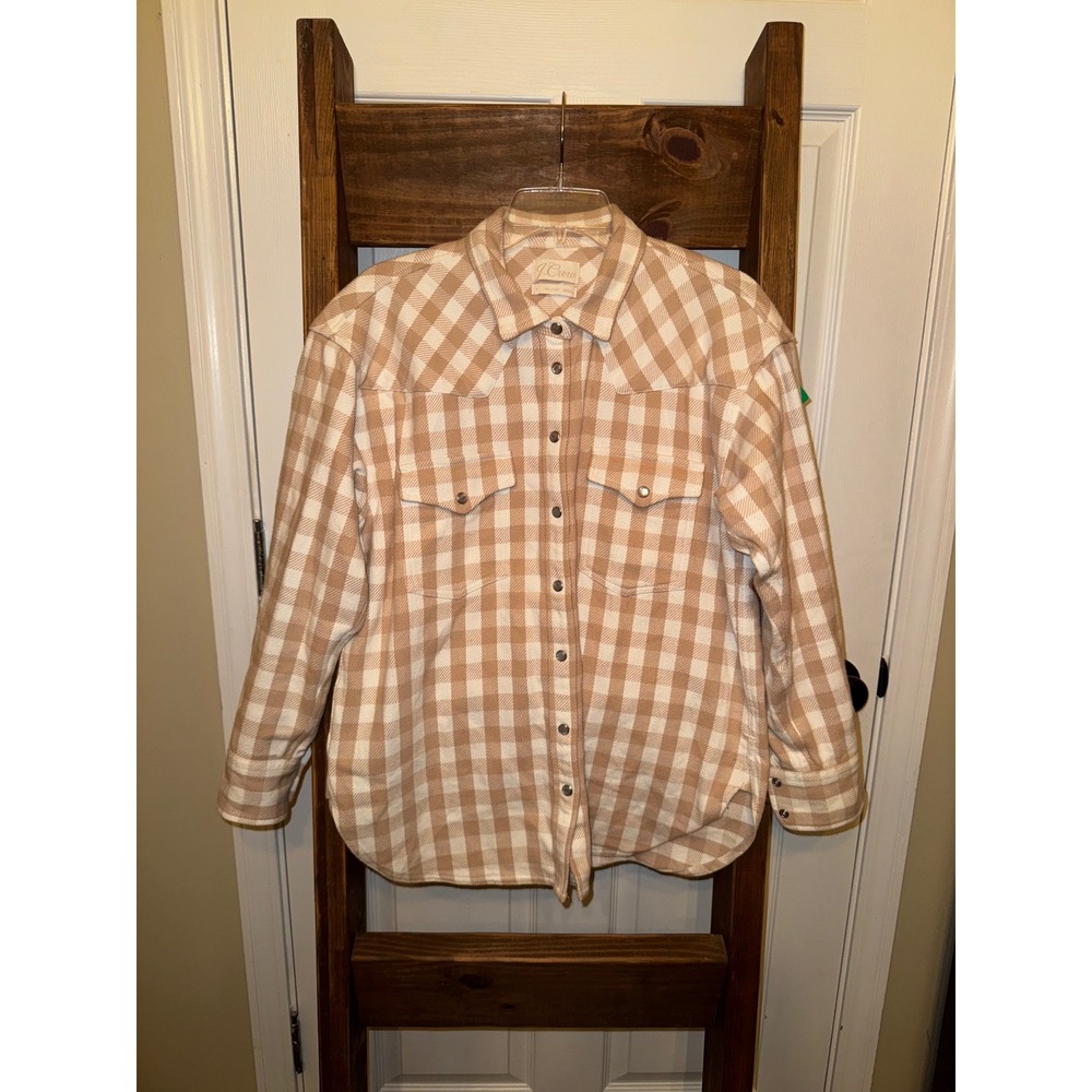J Crew Relaxed‎ Fit Plaid Western Shirt Women Size 4 Tan White Long Sleeve